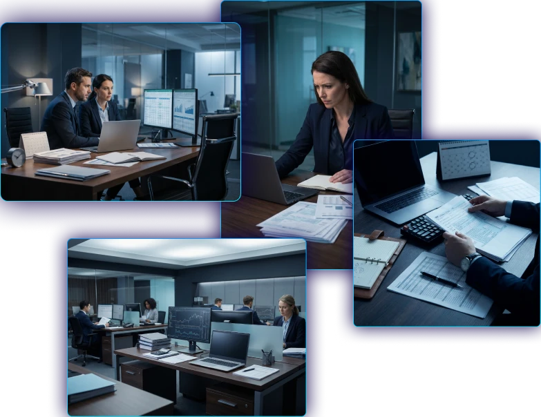 Colagem de quatro fotos mostrando profissionais de contabilidade trabalhando concentrados em seus escritórios à noite, ilustrando a rotina intensa de fechamento fiscal e prazos.